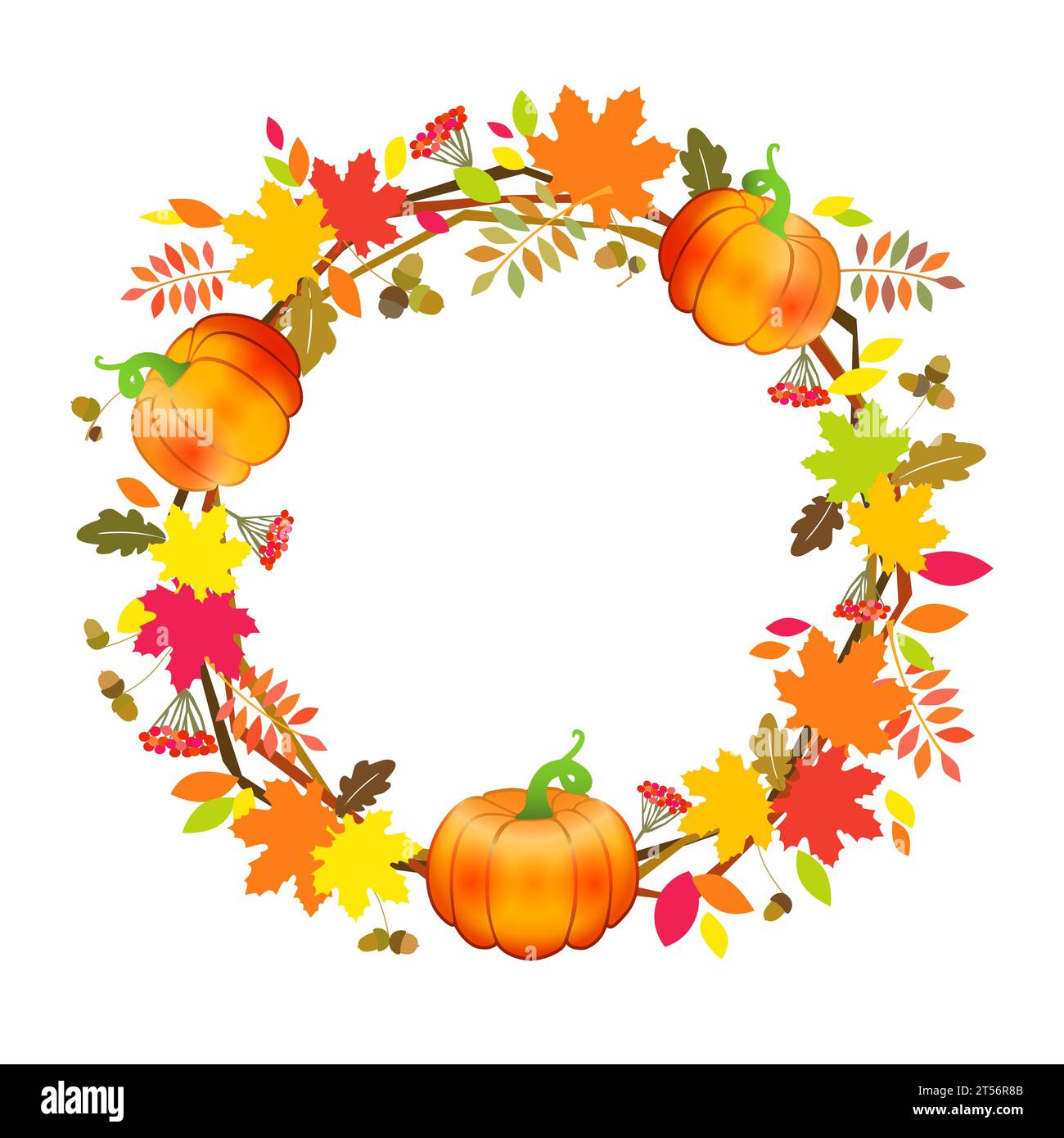 Thanksgiving wreath, pumpkin background. Fall frame design template with colorful autumn leaves and pumpkins. Vector illustration Stock Vector