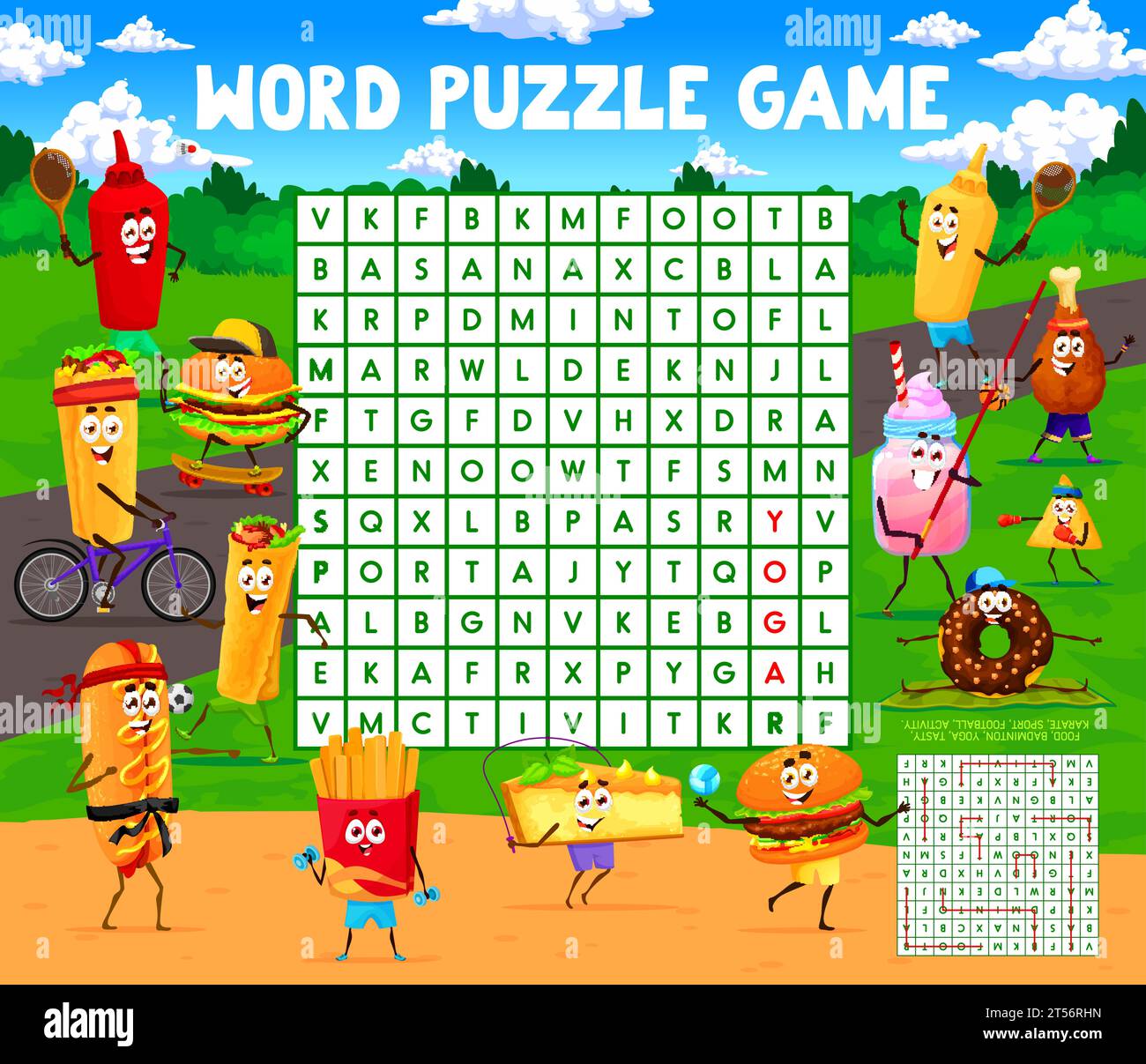 https://c8.alamy.com/comp/2T56RHN/word-search-puzzle-game-cartoon-fast-food-characters-on-sport-vacation-word-search-quiz-vector-worksheet-with-burger-burrito-hotdog-and-french-fries-cake-donut-personage-on-yoga-and-playing-ball-2T56RHN.jpg
