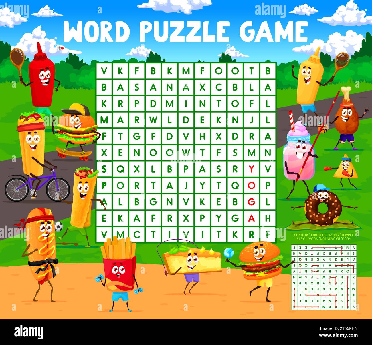 Character Search Word search puzzle game. Cartoon fast food characters on sport vacation ...