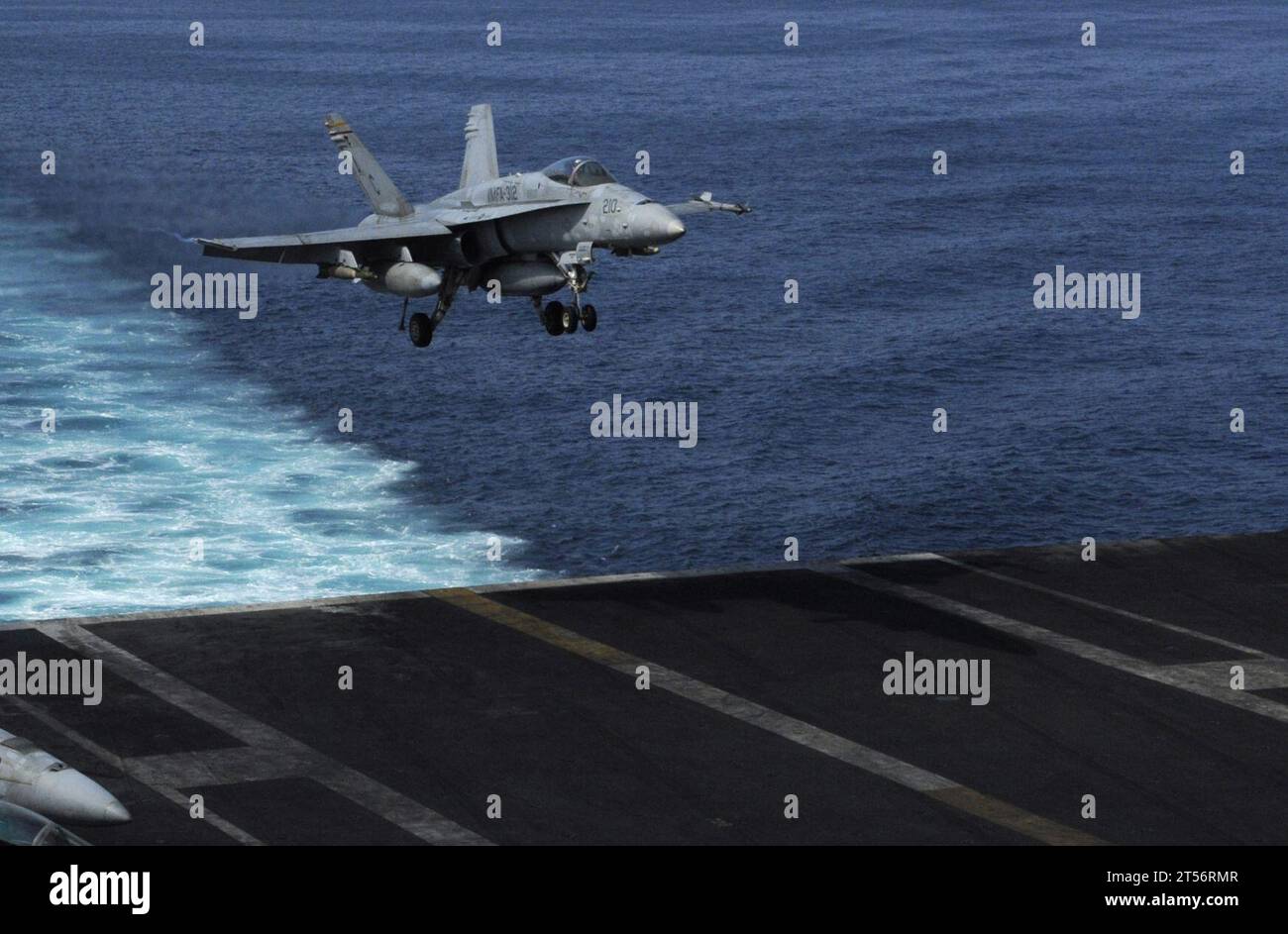 5th Fleet area of responsibility, 6427M, aor, Checkerboards, F/A-18C Super Hornet, flight deck, Harry S. Truman Carrier Strike Group, Marine Fighter Attack Squadron 312, Maritime Security Operations, navy, Ryan  McLearnon, Theater Security Cooperation, U.S. Navy, USS Harry S. Truman (CVN 75) Stock Photo