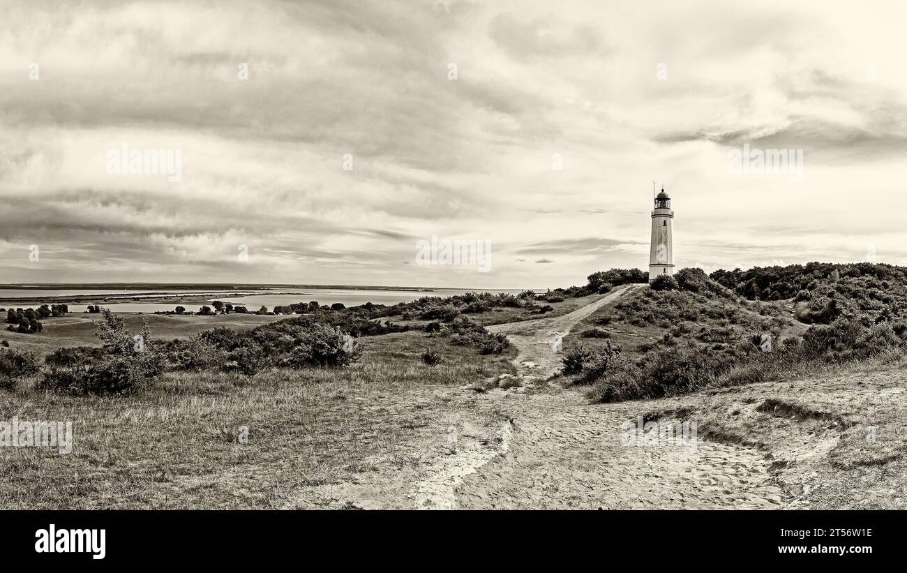 Panorama of the landscape on the island of Hiddensee, located in the Baltic Sea, with the lighthouse Dornbusch, Germany, sepia toned Stock Photo
