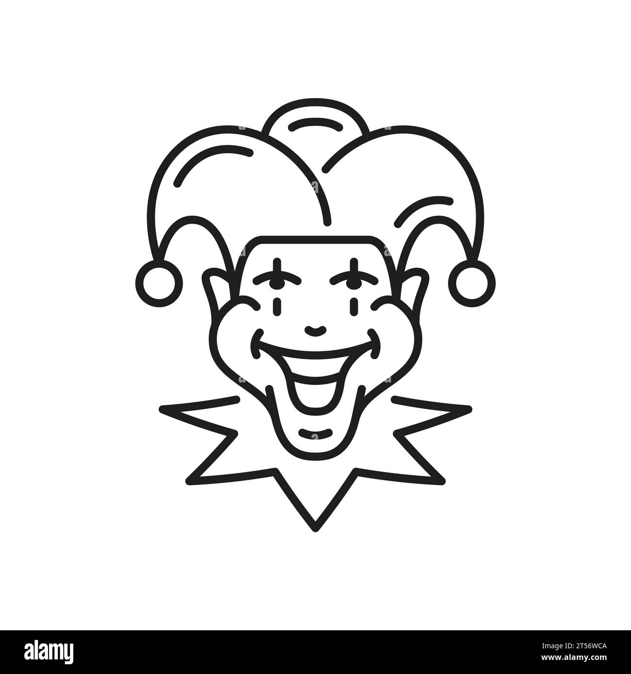 Joker face casino line icon, medieval jester in hat with bells. Vector funny clown, comic circus character, fool or blackjack personage Stock Vector