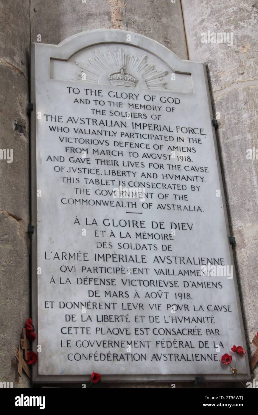 Amiens cathedral, France, where amongst the commemorative tablets to Allied Forces of WW1 is this one to the Australian Imperial Force. Stock Photo