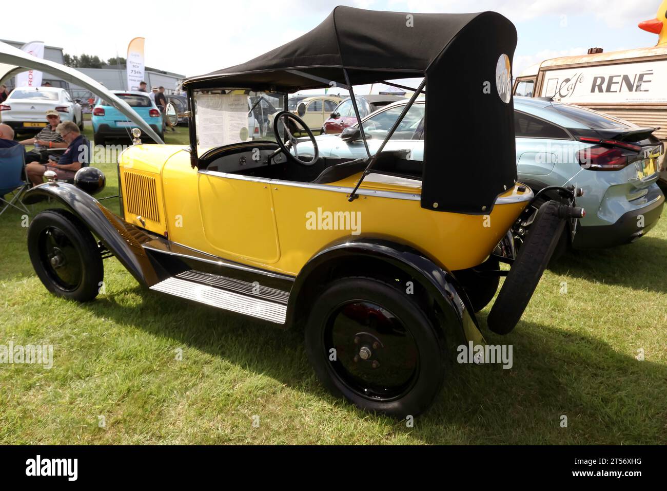 Three-quarter rear view of a 1925, Citroën C3 Cloverleaf,  on display at the 2023 British Motor Show Stock Photo