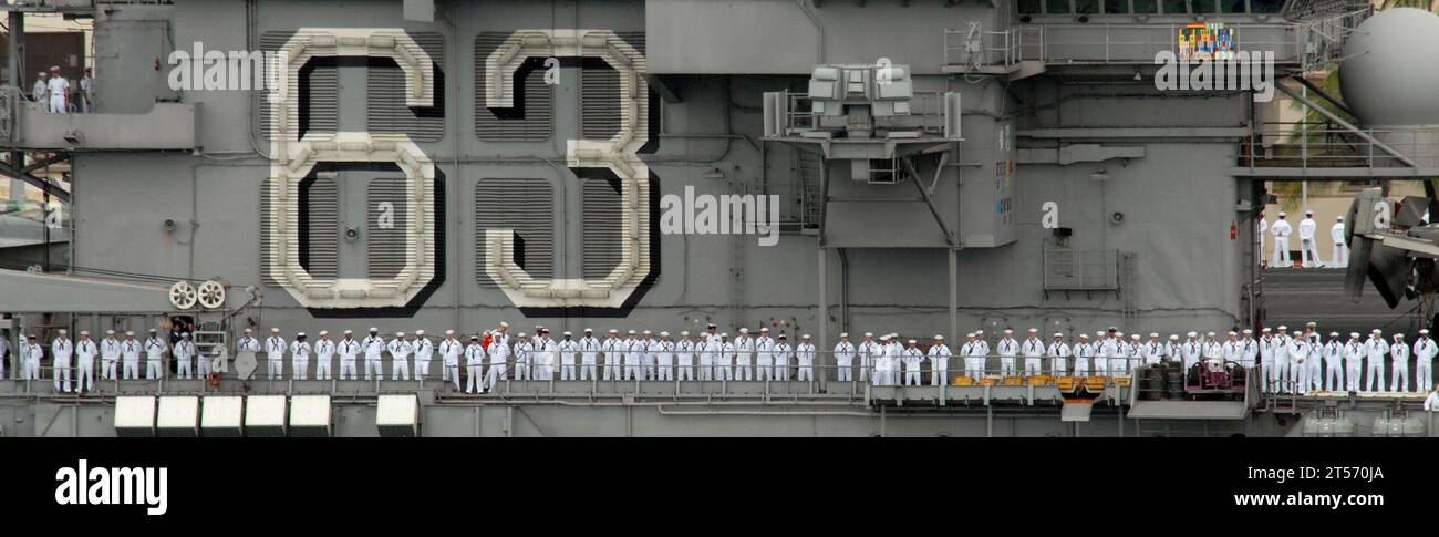 Mannig The Rails US Navy ailors man the rails aboard the aircraft carrier USS Kitty Hawk ...
