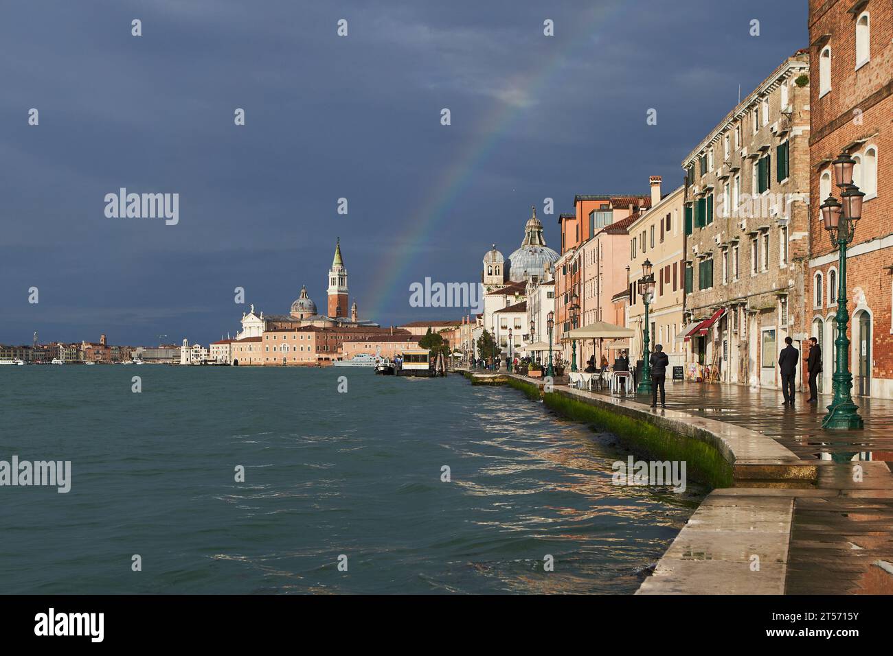 Rainbow shines above Guidecca island and San Giorgio Maggiore church. Venice - 4 May, 2019 Stock Photo