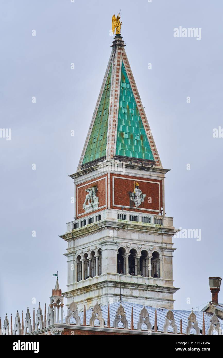 Green tower of San Giorgio Maggiore, a 16th-century Benedictine church in center of Venezia. Venice - 5 May, 2019 Stock Photo