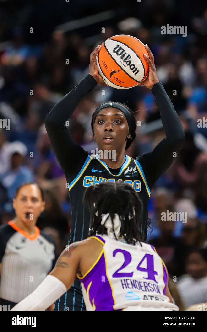 Kahleah Copper of the Chicago Sky looking to pass the rock in Chicago, IL at Wintrust Arena. Stock Photo