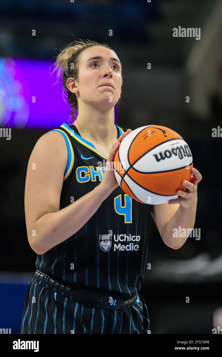 Marina Mabrey #4 of Chicago Sky shooting a free throw in Chicago, IL at Wintrust Arena. Stock Photo