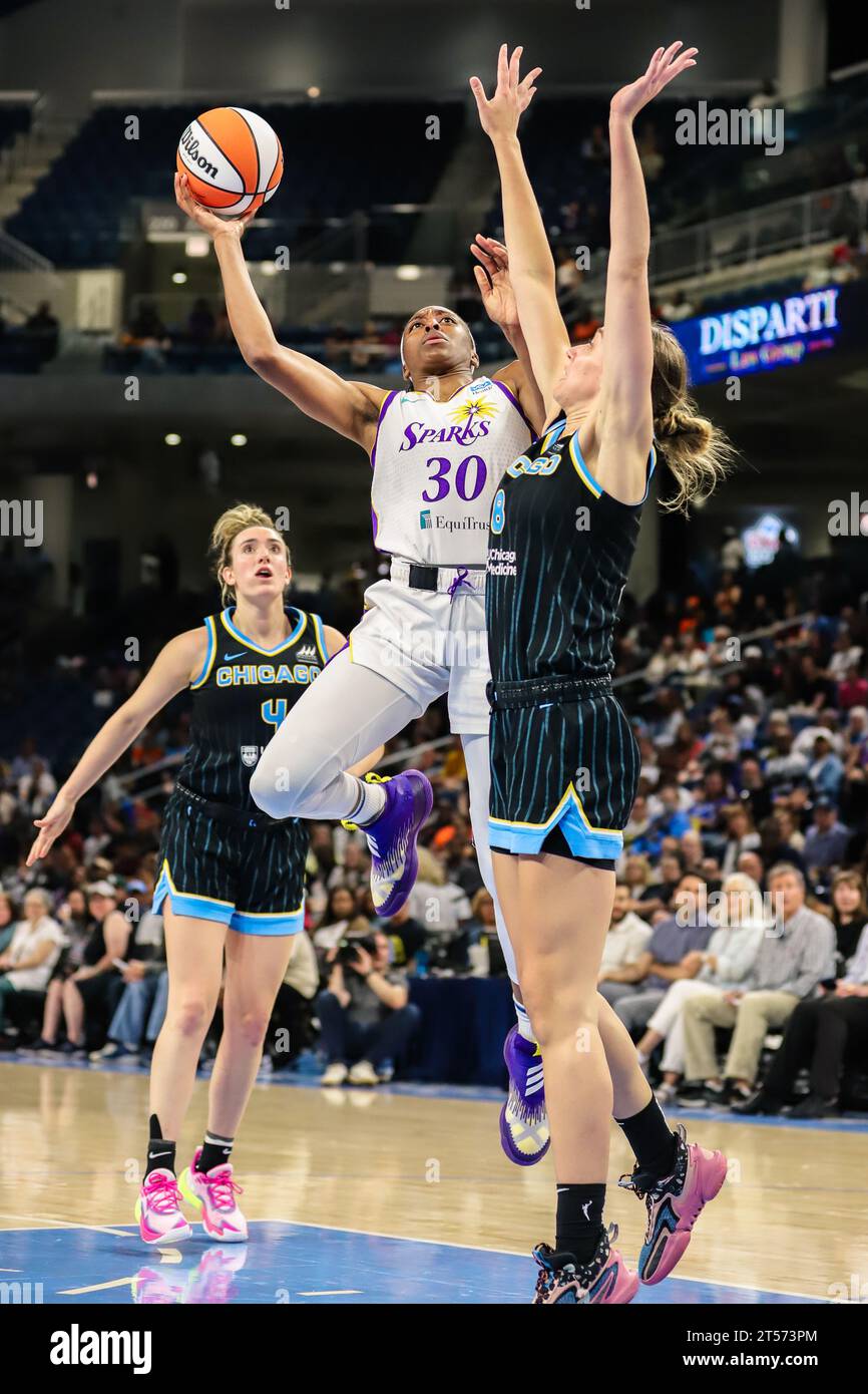 Nneka Ogwumike of LA Sparks, No. 1 Overall pick in 2012 going up for a layup in Chicago, IL at Wintrust Arena. Stock Photo