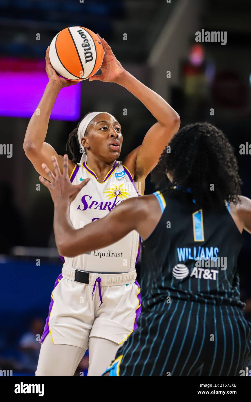 LA Sparks player looking to pass the rock in Chicago, IL at Wintrust Arena. Stock Photo