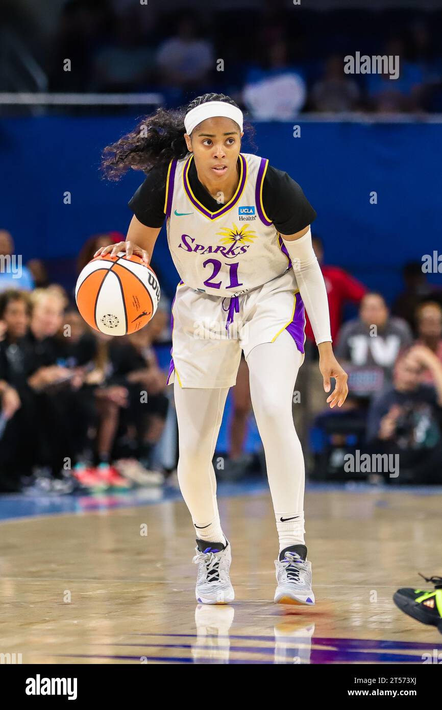 Jordin Canada Two-time WNBA Champion and 2019 WNBA All-Defensive First Team Selection dribbling up court in Chicago, IL at Wintrust Arena. Stock Photo