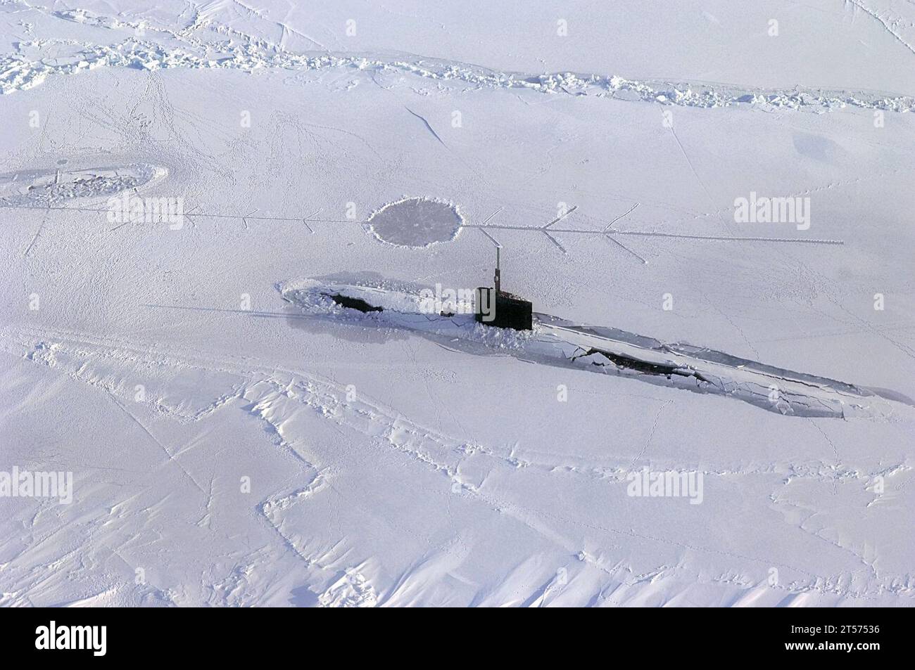 US Navy Los Angeles-class fast attack submarine USS Alexandria (SSN 757) is submerged after surfacing through two feet of ice during ICEX-07, a U.S. Navy and Royal Navy exercise.jpg Stock Photo