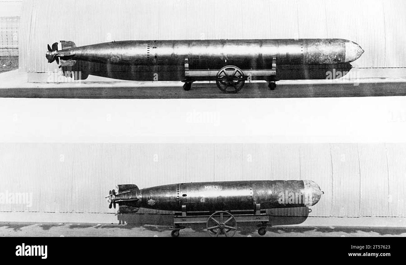 US Navy Mk 13 and Mk 14 torpedoes in the 1940s.jpg Stock Photo