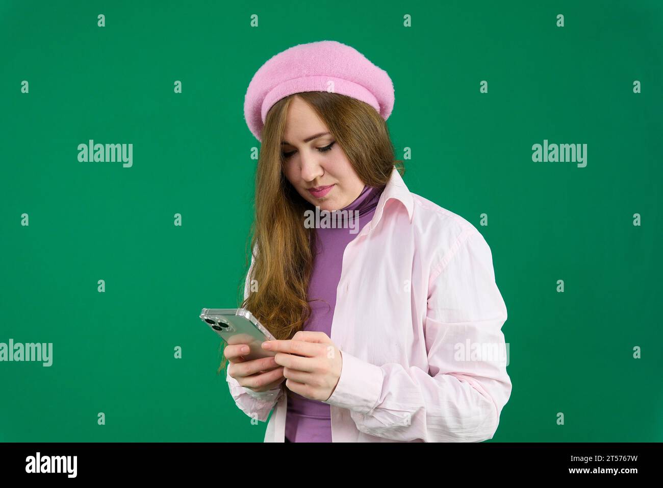 young girl woman with a pink beret on her head France fashion on a