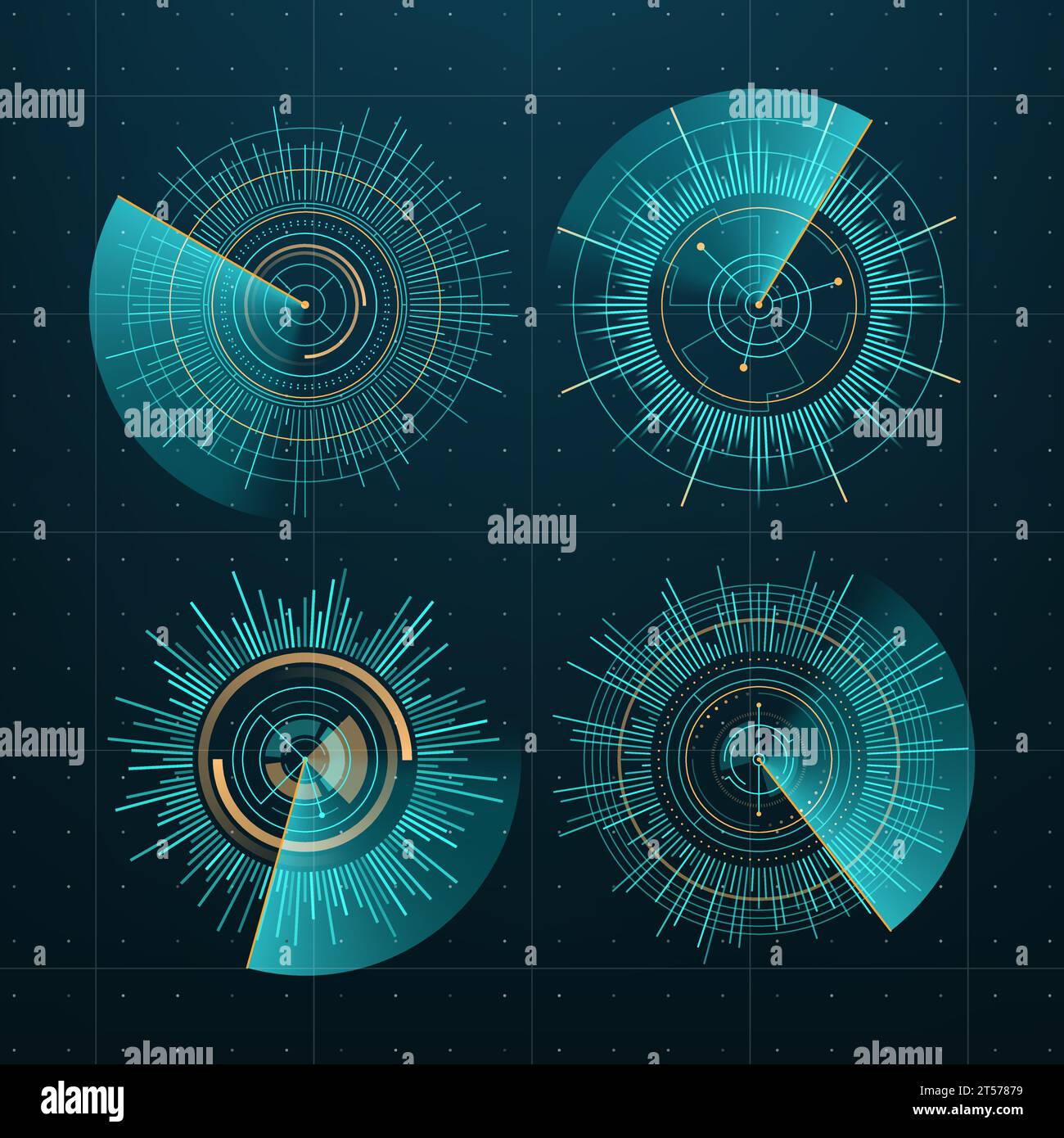 Round circle futuristic charts, HUD interface. Future technology infographic vector elements, digital screen hologram of circular graphs and charts. Space game head up display control panel diagrams Stock Vector