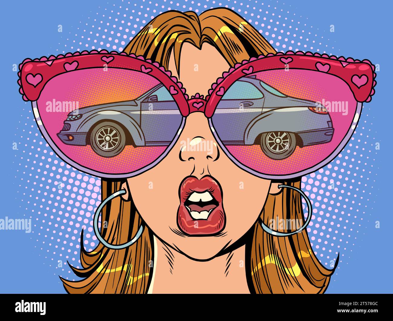 A tempting offer in a car dealership. Huge glasses and reflection in them. A woman with glasses looks at the car. Comic cartoon pop art retro vector i Stock Vector