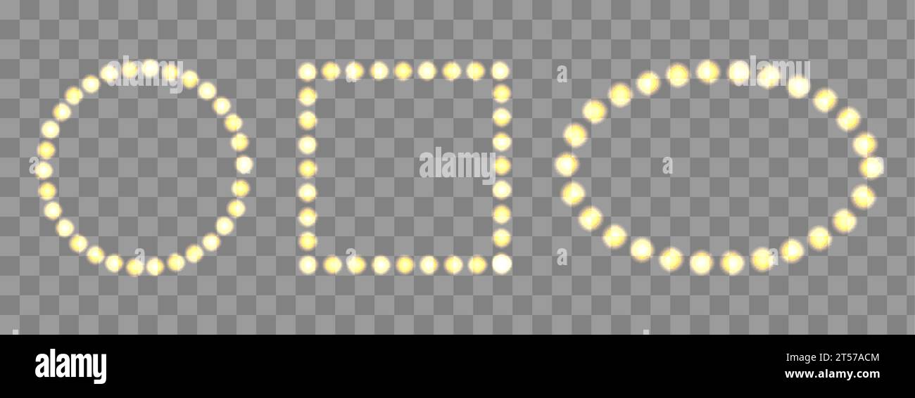 Light frame set. Gold bulb border. Lamp golden circle, square banner ...