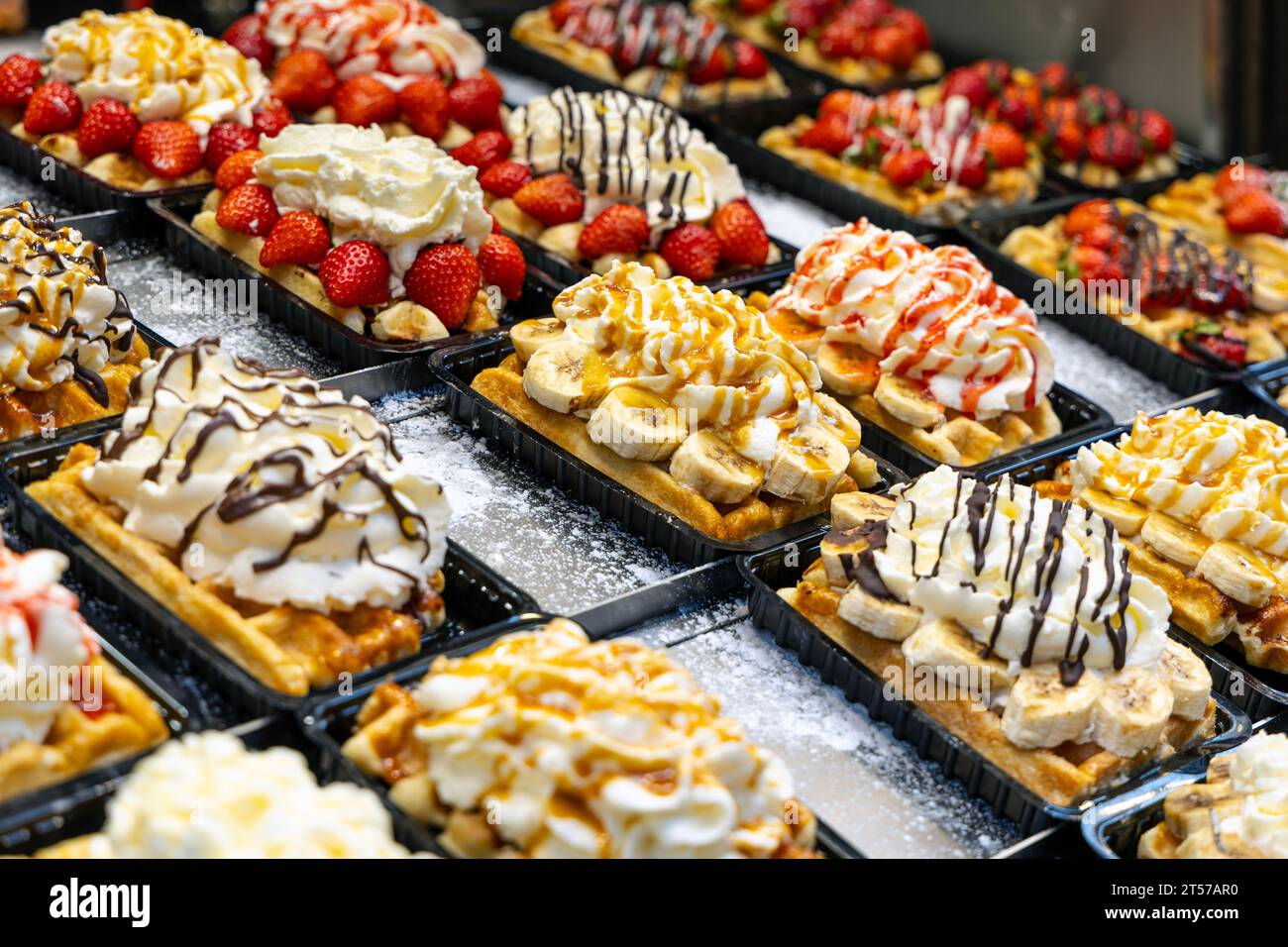 Liege and Brussels waffles with toppings at Le Funambule, Brussels, Belgium Stock Photo