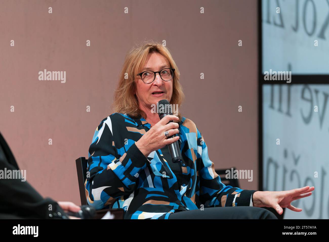 FRANKFURT AM MAIN, Germany - October 21 2023: Alenka Zupancic (*1966, Slovenian philosopher) talking on stage at the 75th Frankfurt Book Fair / Buchmesse Frankfurt Stock Photo