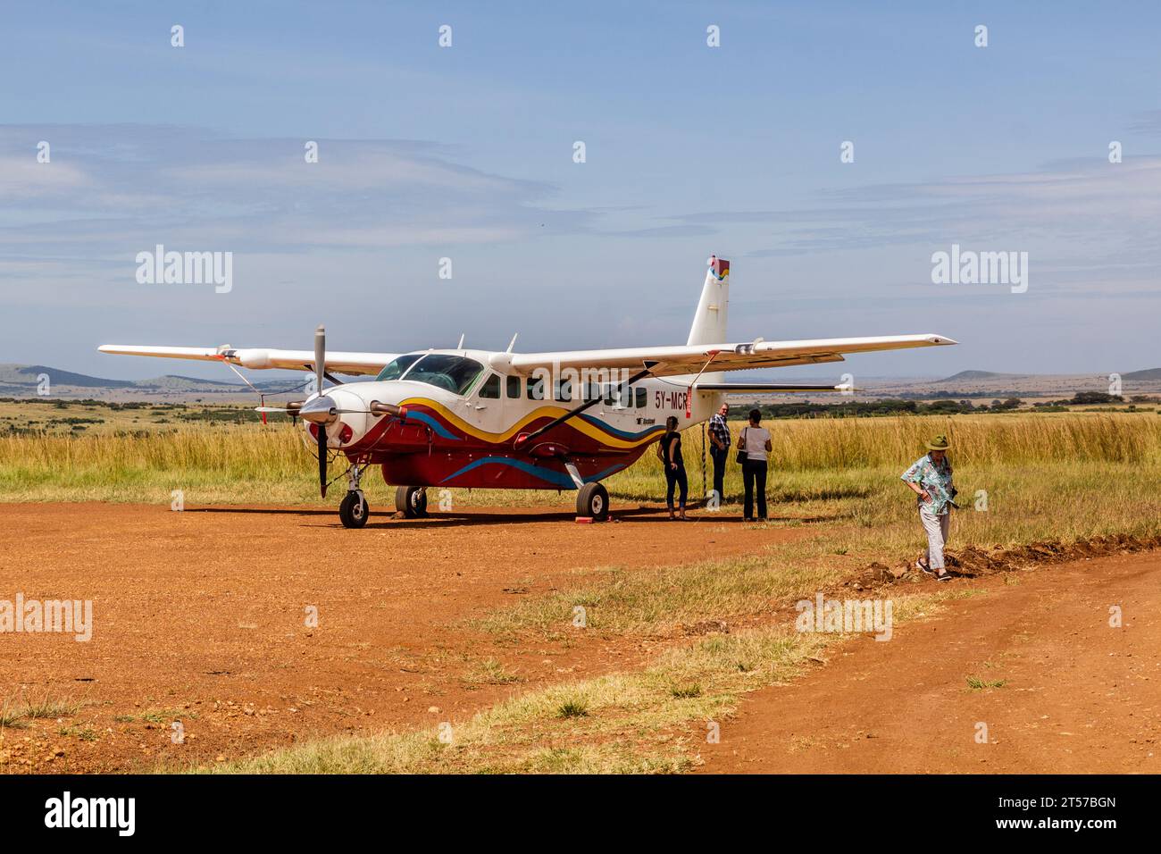 MASAI MARA, KENYA - FEBRUARY 19, 2020: Airplane at the Keekorok airstrip in Masai Mara National Reserve, Kenya Stock Photo