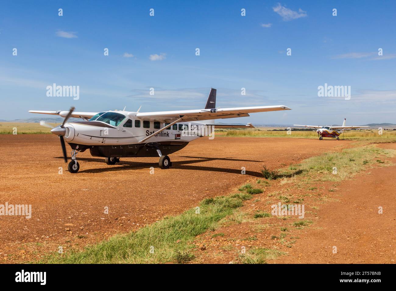 MASAI MARA, KENYA - FEBRUARY 19, 2020: Airplanes at the Keekorok airstrip in Masai Mara National Reserve, Kenya Stock Photo