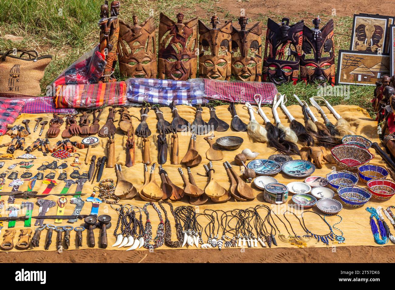 MASAI MARA, KENYA - FEBRUARY 19, 2020: Masai-made souvenirs for sale in Masai Mara National Reserve, Kenya Stock Photo