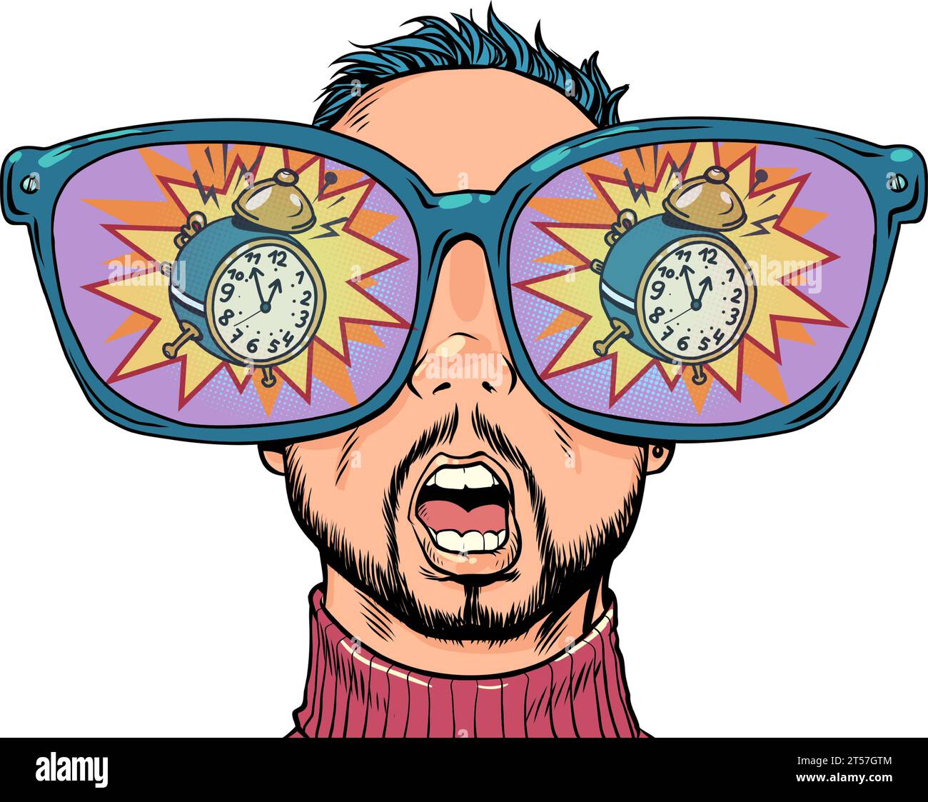Staying late for an important event and realizing it too late. Huge glasses and reflection in them. A man with glasses looks at the alarm clock. Comic Stock Vector