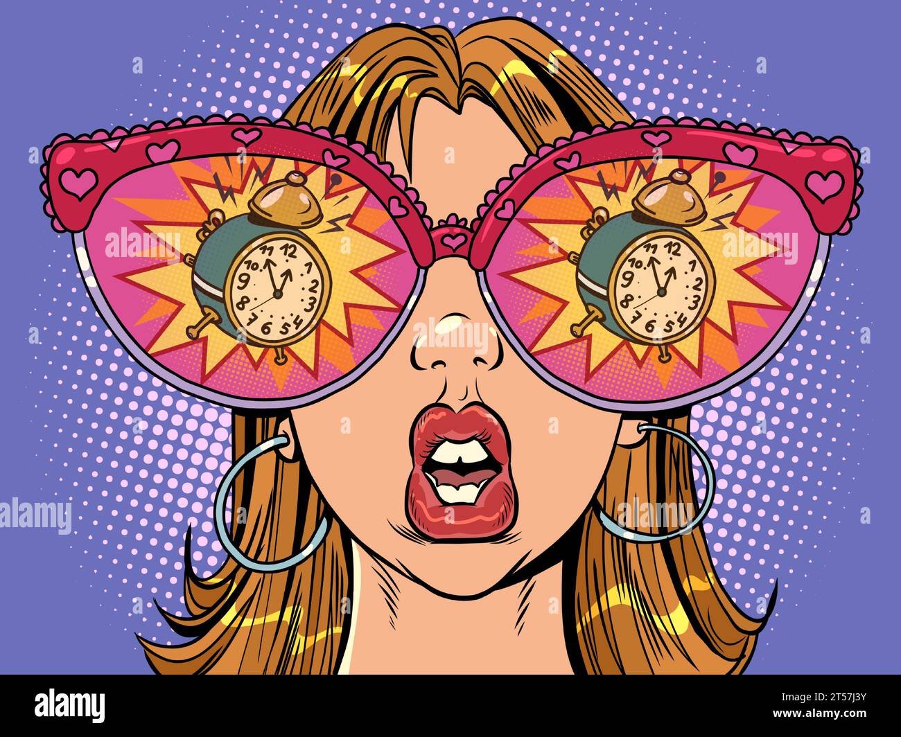 Staying late for an important event and realizing it too late. Huge glasses and reflection in them. A woman with glasses looks at the alarm clock. Com Stock Vector