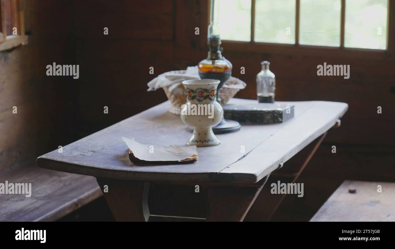 Traditional rustic ambience, rural furniture on display at farmhouse ...