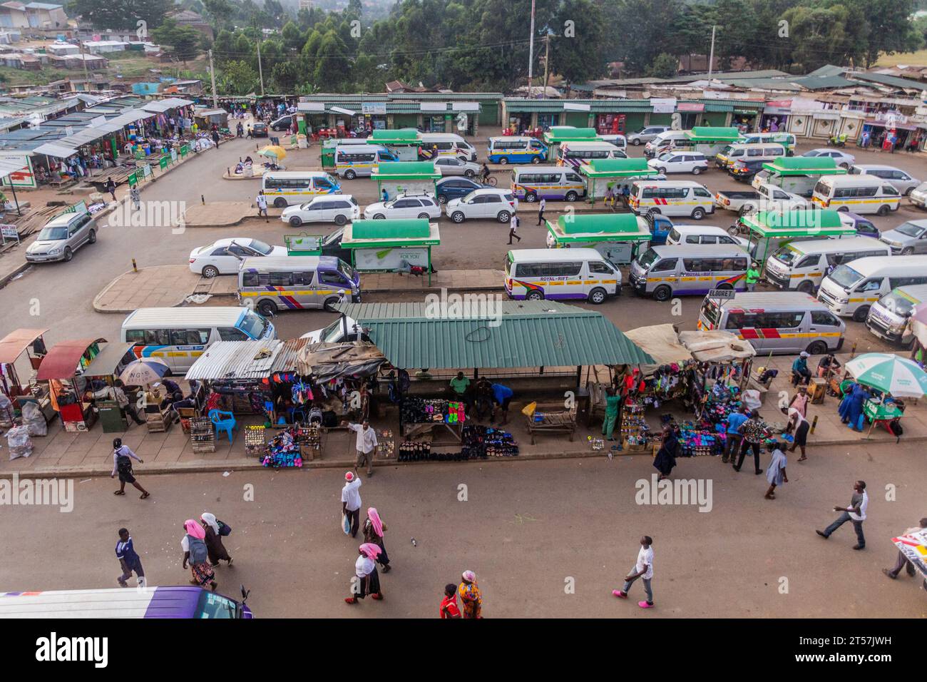 KAKAMEGA, KENYA - FEBRUARY 22, 2020: Aerial view of matatu (minibus) stand in Kakamega, Kenya Stock Photo