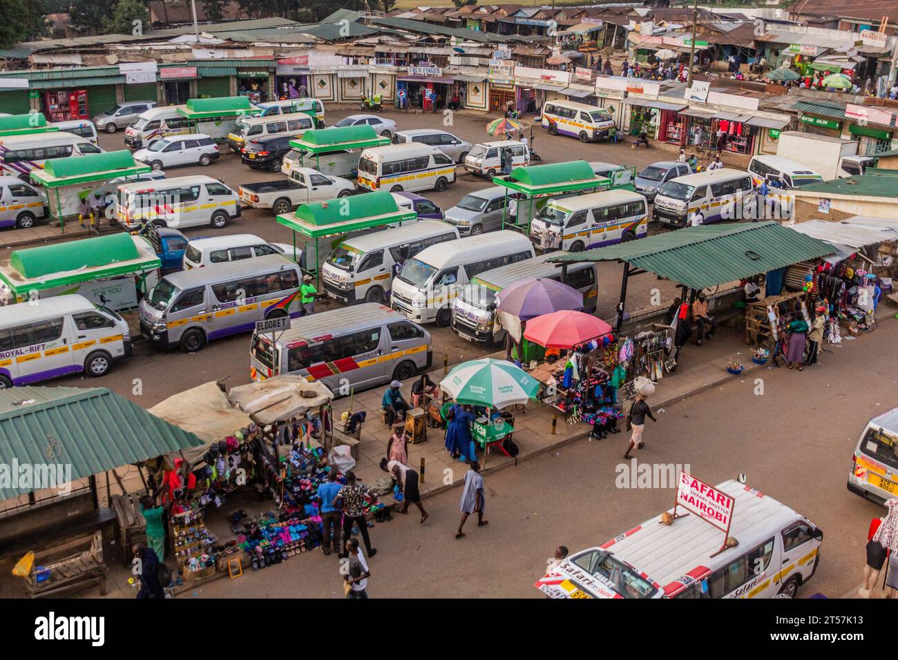 KAKAMEGA, KENYA - FEBRUARY 22, 2020: Aerial view of matatu (minibus) stand in Kakamega, Kenya Stock Photo