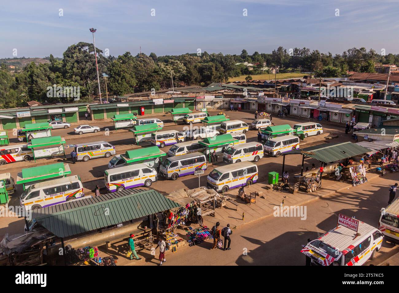 KAKAMEGA, KENYA - FEBRUARY 23, 2020: Aerial view of matatu (minibus) stand in Kakamega, Kenya Stock Photo