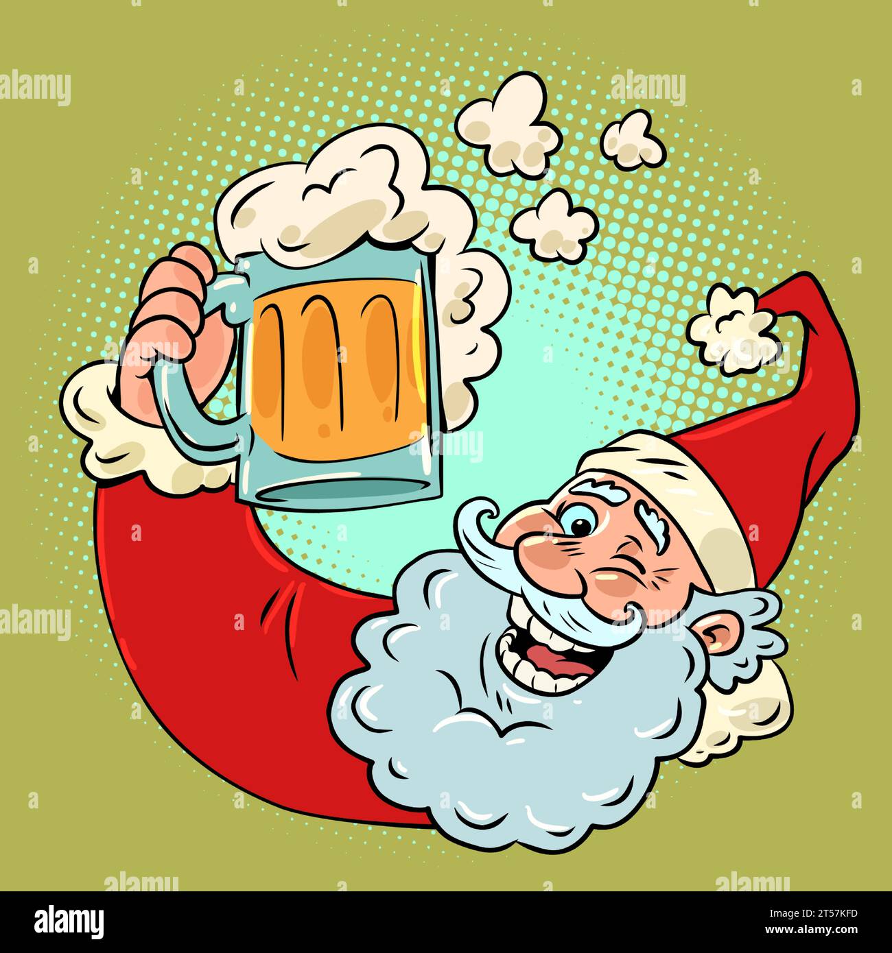 Santa Claus and a mug of beer with foam. Spending the new year in a fun company with food and drinks. Good mood on the eve of the holiday. Comic carto Stock Vector