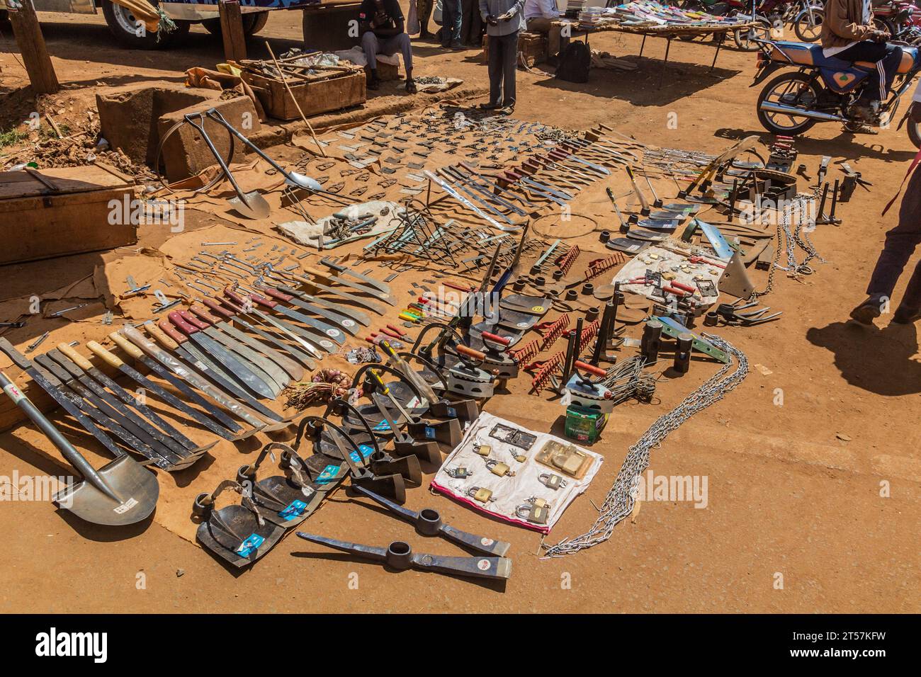 BUSIA, KENYA - FEBRUARY 24, 2020: Agricultural tools on a market in Busia, Kenya Stock Photo