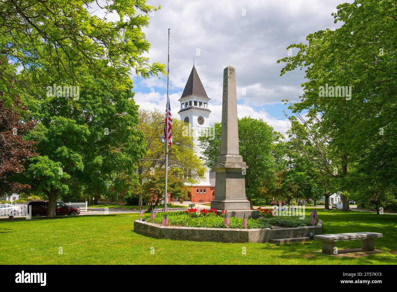 Hollis memorial monument and town hall at 7 Monument Square in the