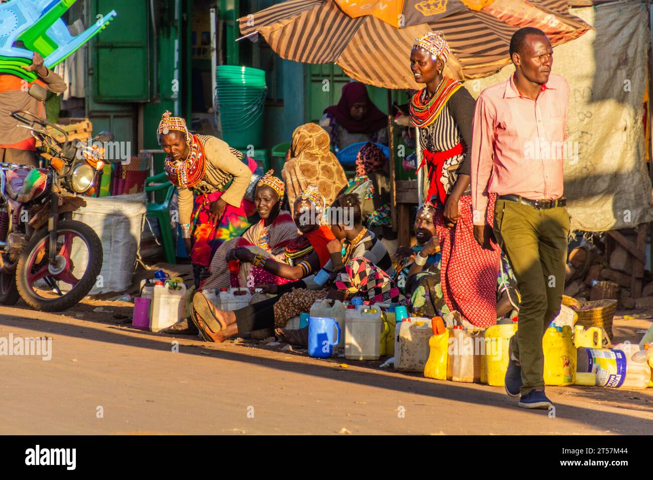 MARSABIT, KENYA - FEBRUARY 9, 2020: Street market in Marsabit town, Kenya.These sellers belong to Samburu tribe. Stock Photo