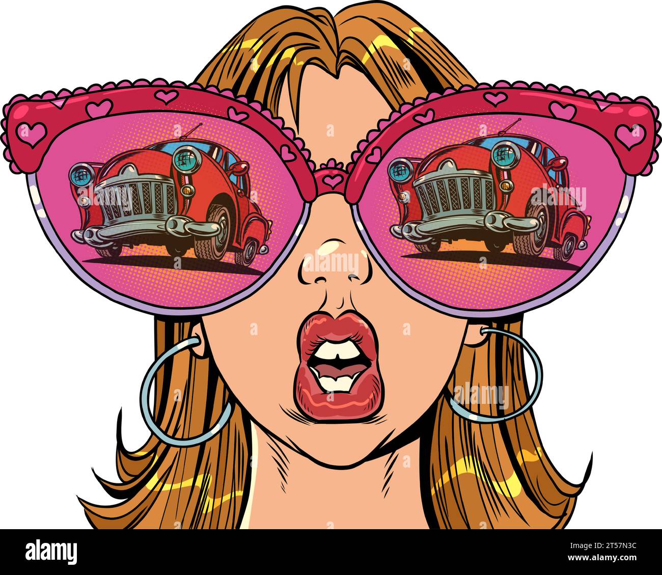 A tempting offer in a car dealership. Huge glasses and reflection in them. A woman with glasses looks at a rare car. Comic cartoon pop art retro vecto Stock Vector