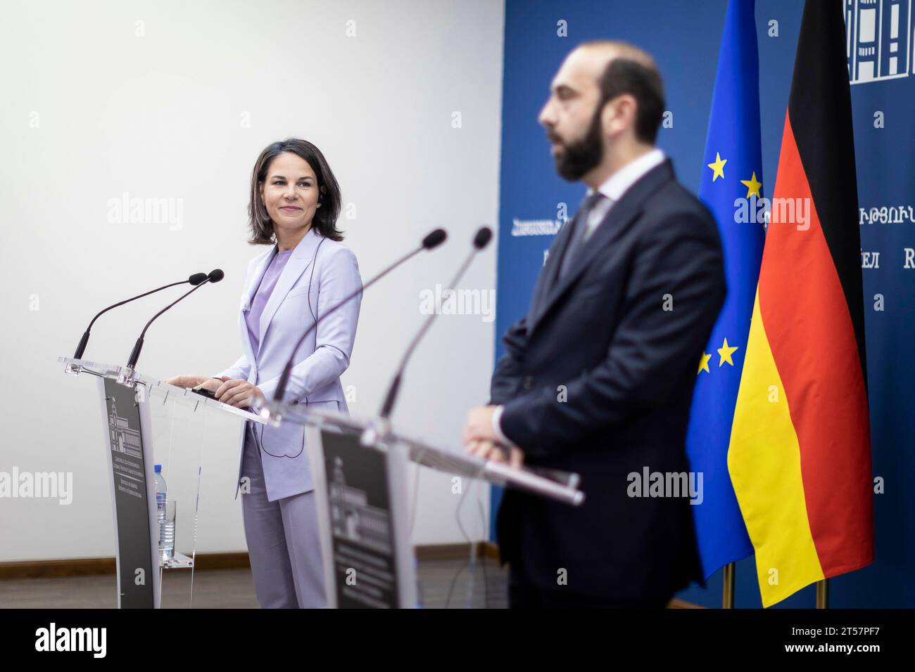 Yerevan, Armenien. 03rd Nov, 2023. Annalena Baerbock (Alliance 90/The Greens), Federal Foreign Minister, and Ararat Mirsoyan, Minister for Foreign Affairs of the Republic of Armenia, taken at a joint meeting with the press in Yerevan, November 3rd, 2023. Credit: dpa/Alamy Live News Stock Photo