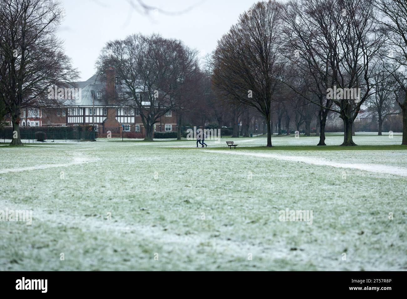 A park is seen snow-covered in Ilford, east London, in the morning. Stock Photo