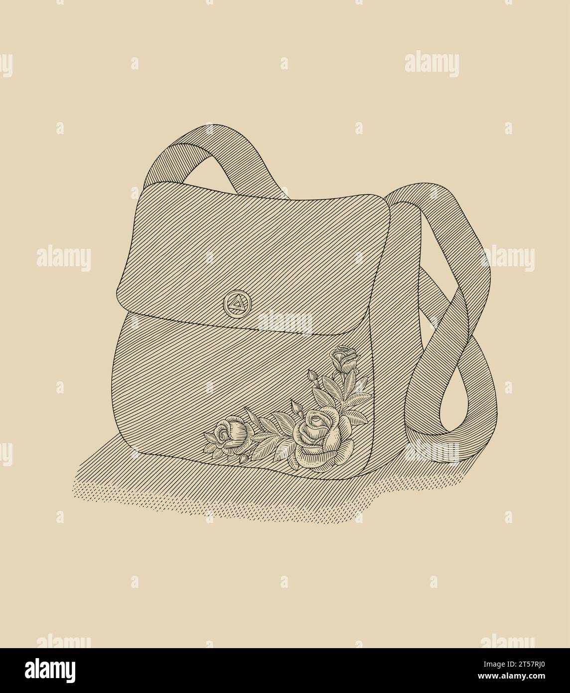 Handbag With Rose Flower Motif Vintage Engaving Drawing Style