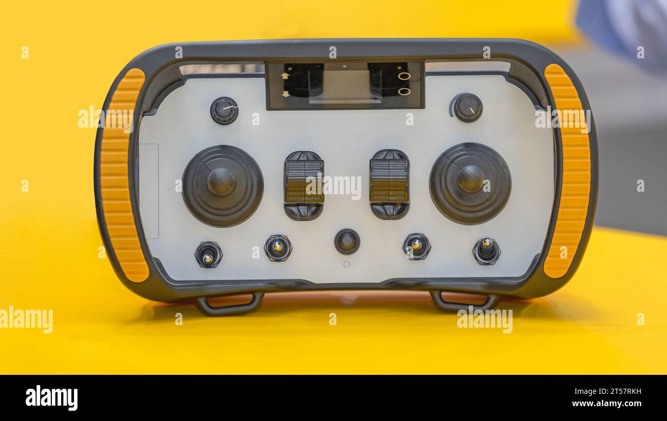 Rugged Wireless Construction Machine Joystick Control Device Stock Photo