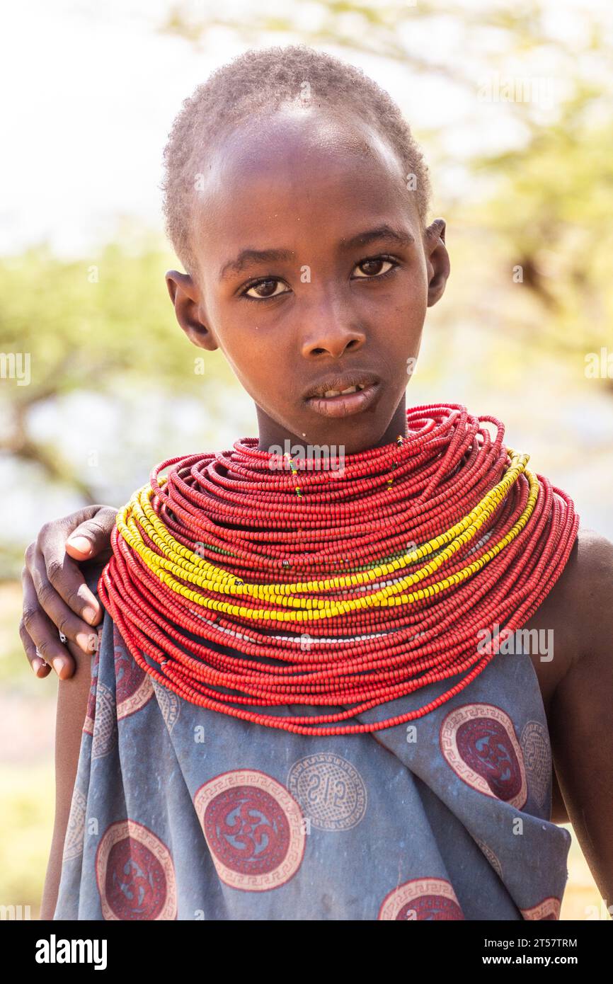 SOUTH HORR, KENYA - FEBRUARY 12, 2020: Samburu tribe girl near South Horr village, Kenya Stock Photo