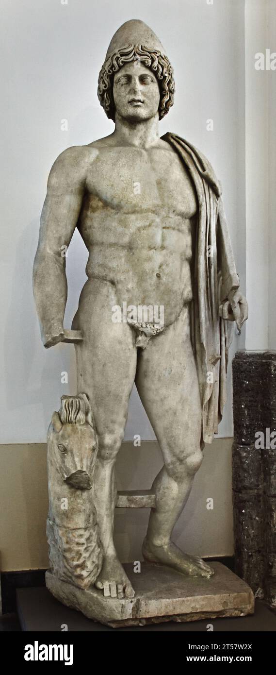 Colossal statue of Dacian - Dioscuri - Dioscurus - from Baiae uphill the so called 'temple of Venus'  2nd century AD. One of the twins Castor and Pollux.                                  National Archaeological Museum of Naples Italy. Stock Photo