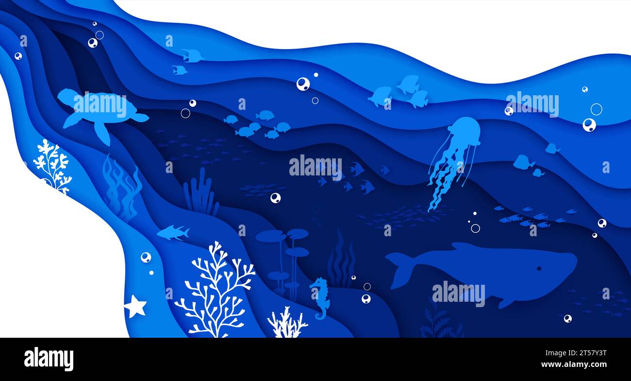 Sea paper cut landscape with water waves and animal silhouettes. 3d ...