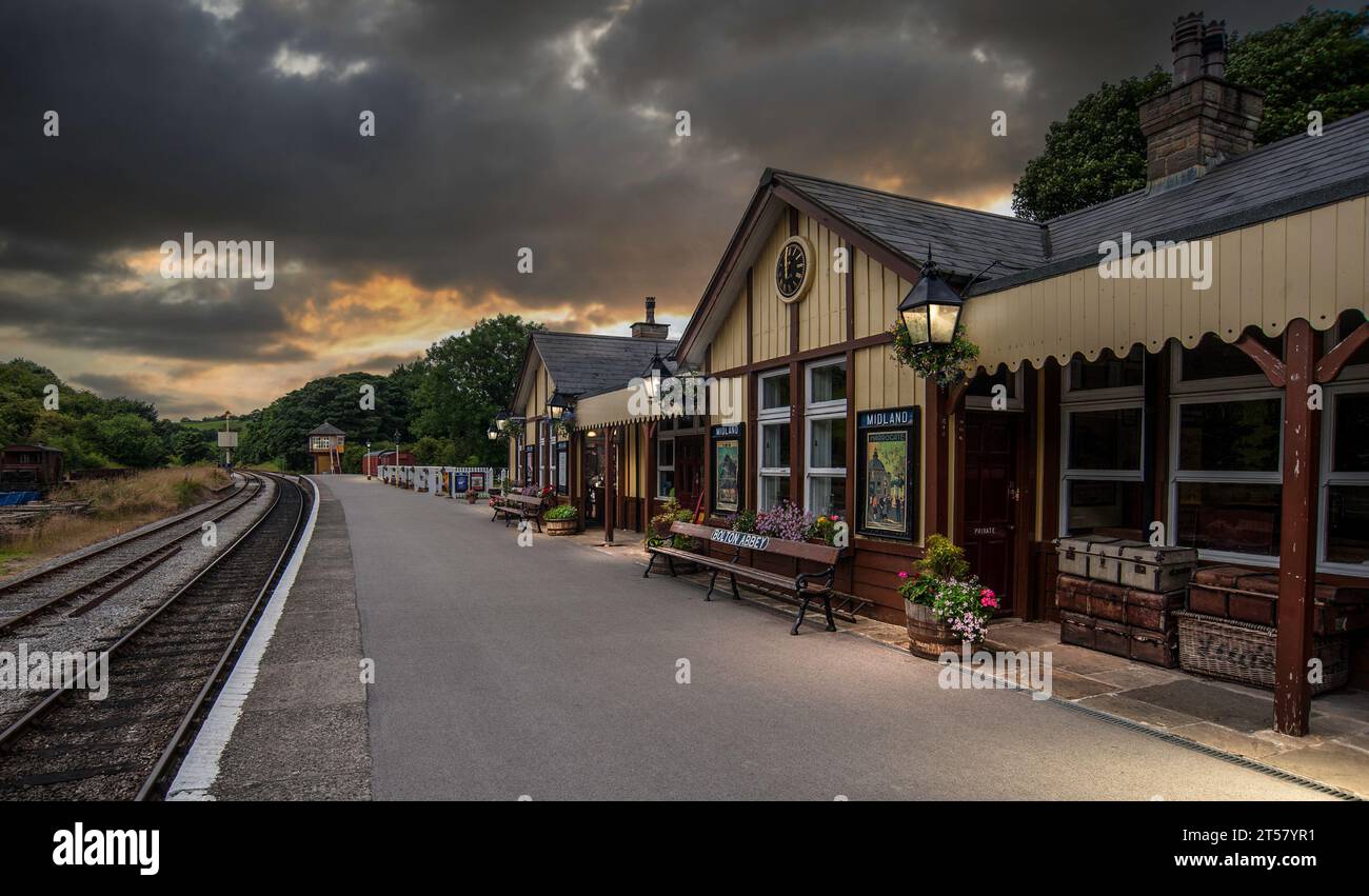 Bolton Abbey railway station at Dusk, on the Embsay and Bolton Abbey Steam Railway, North Yorkshire, England UK Stock Photo