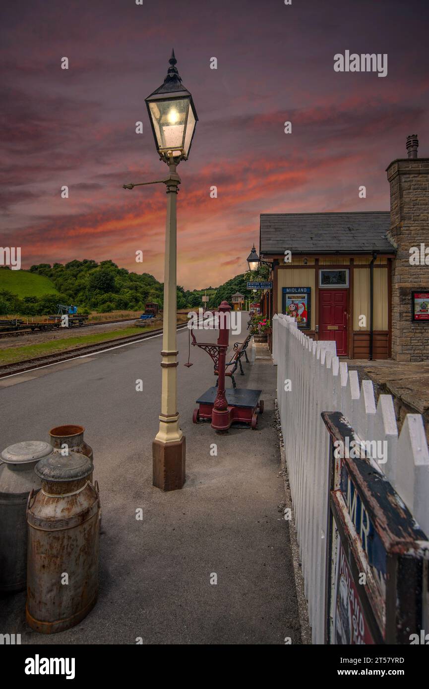 Bolton Abbey railway station at Dusk, on the Embsay and Bolton Abbey Steam Railway, North Yorkshire, England UK Stock Photo