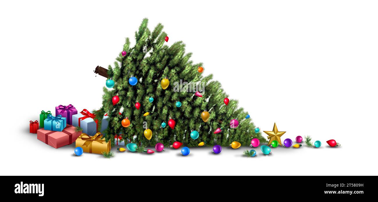 Funny Christmas Holiday mishap Card as a fallen Decorated Christmas tree with ornate decorative balls and gifts as a humorous seasonal symbol Stock Photo