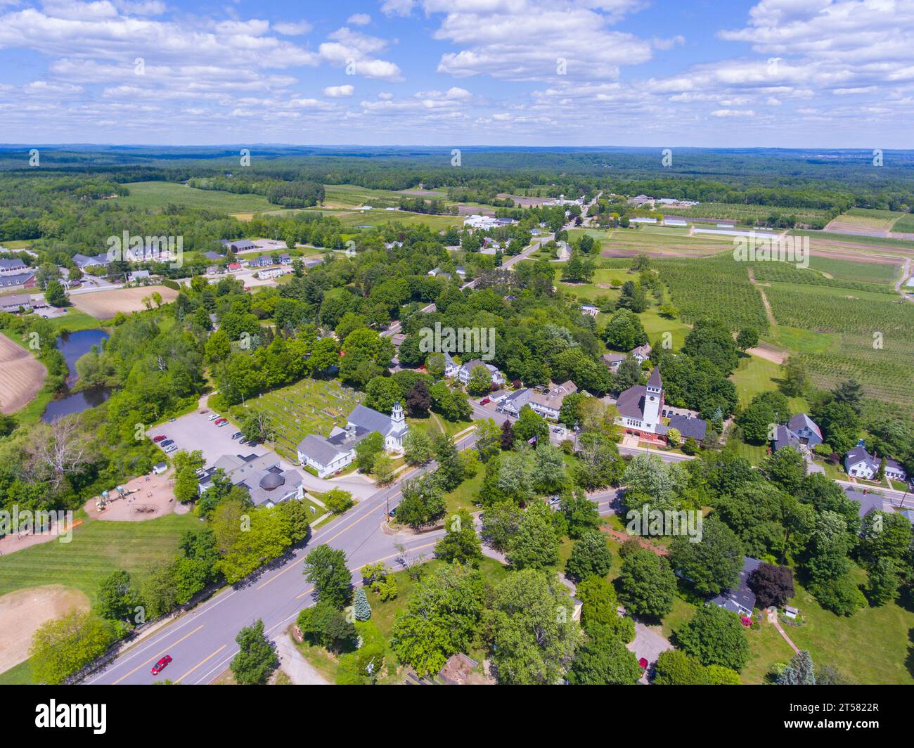 Hollis Monument Square aerial view including town hall and ...