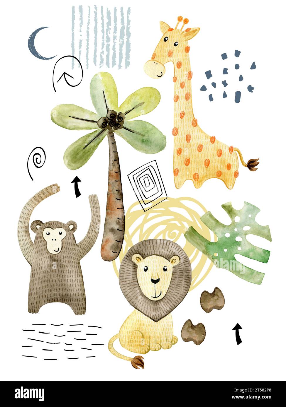 Watercolor poster with safari animals. Composition for greeting card ...